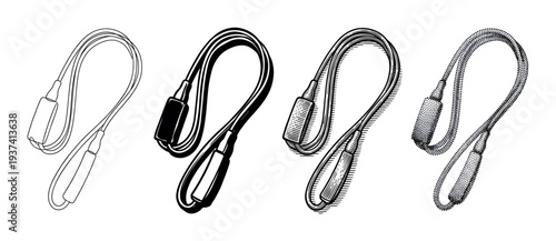 Set of four jump rope illustrations presented in various graphic styles like outline, solid silhouette, vintage engraving, and detailed stippling for sports and fitness themes