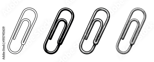 Collection of four paperclip illustrations presented in various monochrome artistic techniques like simple line art, bold silhouette, vintage engraving, and modern stippling