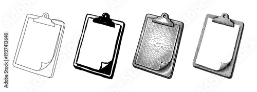 Set of four black clipboards illustrated in various artistic styles including line art, ink brush, classic engraving, and stippling, showing different graphic design techniques