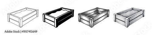 Set of four empty wooden crates illustrated in different graphic styles including line art, hatching, stippling, and high contrast black and white for vintage designs