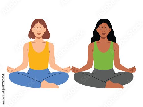 Two Women Meditating Together in Lotus Position with Hands in Calm Gesture