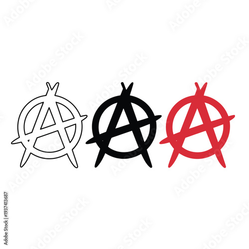 Anarchy symbols in white, black, and red colors, representing rebellion and protest movements worldwide.