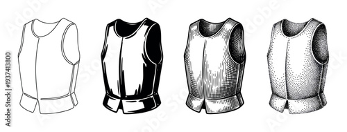 Set of four medieval breastplate armor illustrations showcasing different artistic techniques like line art, solid black, detailed engraving, and stippling for historical concepts