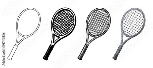 Four black and white tennis rackets in different artistic styles, including outline, silhouette, engraving, and stippling, showing a collection of sports equipment illustrations