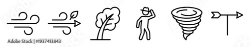 Set of black line icons representing windy weather conditions and meteorological phenomena like a breeze, a bent tree, a person holding a hat, a tornado, and a weather vane