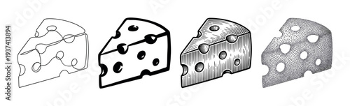 Four black and white cheese wedge illustrations in a collection of different artistic styles including line art, icon, vintage engraving, and modern stippling for graphic design