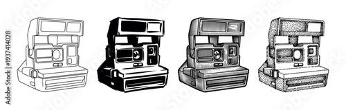 Four vintage instant camera illustrations in different artistic styles including line art, engraving, stippling, and solid black silhouette, presented as a graphic collection