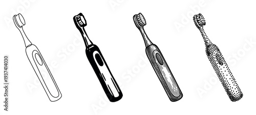 Set of four electric toothbrushes illustrated in various black and white graphic styles, including outline, silhouette, detailed engraving, and stippling for dental care