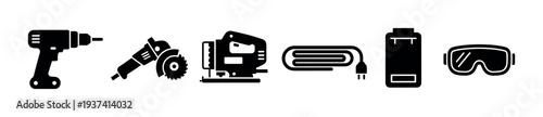 Set of black glyph icons depicting construction power tools including a drill, angle grinder, jigsaw, extension cord, battery, and safety goggles for workshop tasks
