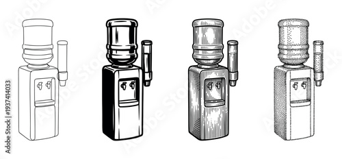 Set of four water cooler illustrations in different artistic styles including line art, solid black, detailed engraving, and stipple dotwork for a retro graphic design