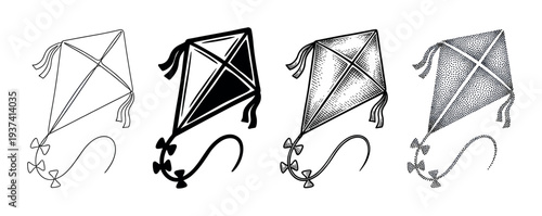 Set of four black kite illustrations showcasing different graphic styles including simple outline, solid silhouette, detailed engraving, and stippling dotwork