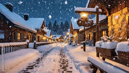 Charming winter scene with snow-covered cobblestone streets and cozy illuminated cottages in a village at night