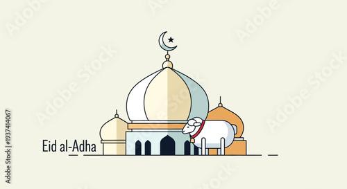 Eid alAdha Mosque Illustration with Dome and Crescent.