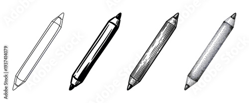 Four double-ended pencil illustrations showcasing different artistic techniques like line art, solid ink, hatching, and stippling in a monochrome hand-drawn style