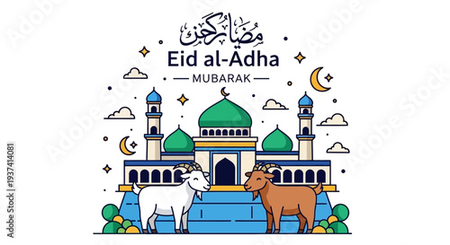Eid alAdha Mosque Illustration with Sheep.