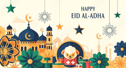 Eid AlAdha Sheep Illustration with Mosque Background.