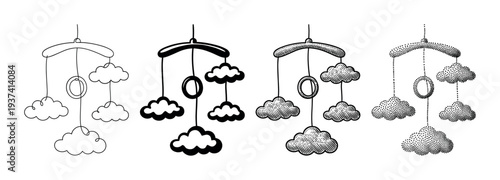 Four baby crib mobile illustrations with clouds in various artistic styles like line art, silhouette, hatching, and stippling, creating a charming decorative set for a nursery