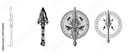 Set of four ancient Norse spear illustrations showing different artistic styles from minimalist line art to detailed mythological symbols with runes, ravens, and a warrior face