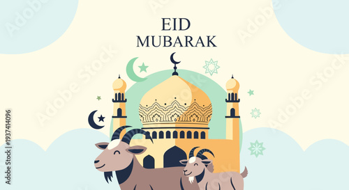 Eid Mubarak Islamic Illustration with Goats.