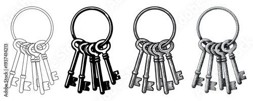 Set of four vintage key bunches illustrated in different artistic styles including outline, silhouette, engraving, and stippling, showing antique keys on a large ring