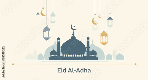 Mosque Illustration with Lanterns for Eid AlAdha.