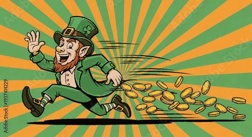 Leprechaun running with scattered gold coins against vibrant green and orange background cartoonish style dynamic movement festive