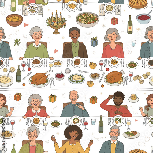 Diverse People Enjoying Meal Together Illustration.