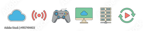Colorful cloud gaming and streaming technology icons set showing a cloud, wireless signal, gamepad, monitor, server rack, and a refresh symbol for online entertainment