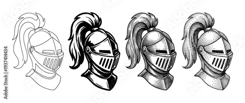 Four medieval knight helmets with plumes shown in different artistic styles, including line art, solid graphic, engraving, and stippling for a historical warrior concept
