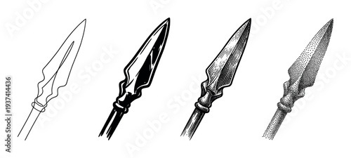 Four ancient spearhead illustrations in different artistic styles, showcasing a progression from minimalist line art to bold ink, detailed engraving, and stippling