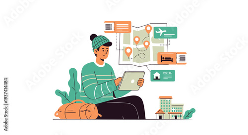 Vector illustration of a person planning travel on a laptop