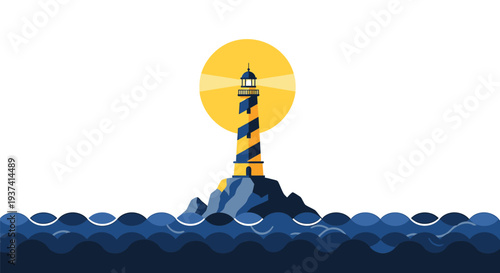 Vector lighthouse icon with sun and sea