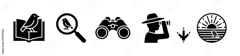 Fototapeta premium Black birdwatching and ornithology glyph icon set with a field guide, magnifying glass, binoculars, observer, footprint, and a nature emblem for wildlife observation