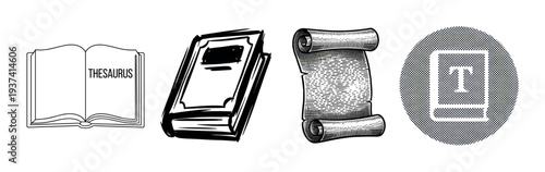 Four black and white book and writing icons including an open thesaurus, a sketchy closed book, an engraved parchment scroll, and a halftone typography symbol
