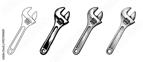 Collection of four adjustable wrench tools depicted in various monochrome illustration styles, including outline, woodcut, detailed engraving, and stippling for repair concepts