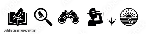 Black birdwatching and ornithology glyph icon set with a field guide, magnifying glass, binoculars, observer, footprint, and a nature emblem for wildlife observation