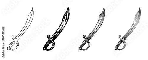 Set of four pirate cutlass swords illustrated in various graphic styles including line art, ink brush, vintage engraving, and stippling for a historical or fantasy theme
