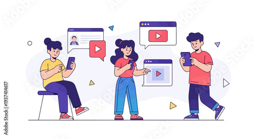 Flat vibrant illustration of Gen Z people using smartphones and laptops for social media and online communication with playful video and message icons
