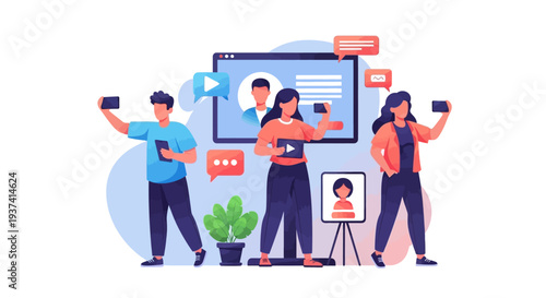 Flat vibrant illustration of Gen Z people interacting with mobile devices and social media on a large screen with a joyful and trendy mood