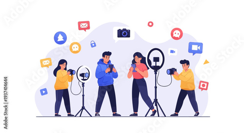 Flat vibrant illustration of four Gen Z people recording social media content with smartphones and microphones in a colorful graphic design concept