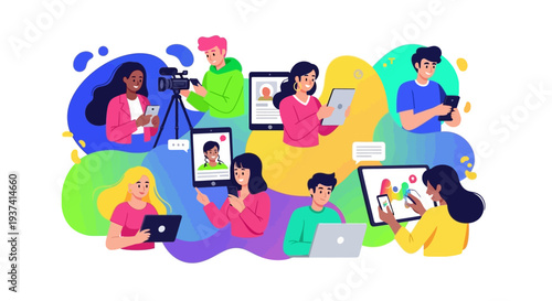 A vibrant illustration of diverse young people using digital devices and interacting on social media with colorful, flat design elements
