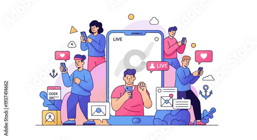 Flat vibrant illustration of Gen Z people interacting with social media on devices, conveying happiness and community