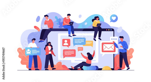 A vibrant digital illustration of a diverse group of young adults engaged in social media and online communication with colorful trend characters