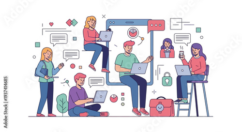 Flat vibrant illustration of Gen Z people collaborating on social media and technology concept with laptops and mobile devices