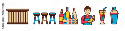 Colorful bar and pub icon set featuring a bartender, counter, stools, alcoholic beverages, a cocktail glass, and shakers in a flat design illustration with bold outlines