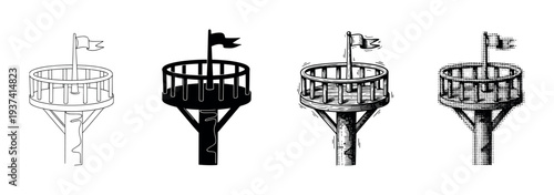 Collection of four crow's nest illustrations showing different artistic styles like simple line art, a solid silhouette, detailed engraving, and a retro halftone dot pattern