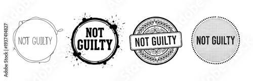 Collection of four black Not Guilty rubber stamp illustrations in various styles including grunge ink splatter, ornate seal, hand-drawn circle, and halftone dot pattern