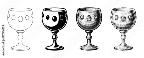 Four black and white chalice illustrations in a set showing various graphic techniques like outline, stencil, engraving, and stippling for a design comparison