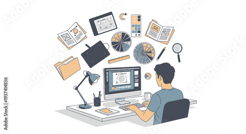 Vector illustration of man working on computer with business and data analysis icons