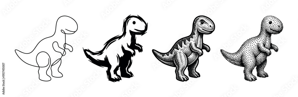 Naklejka premium Four cute Tyrannosaurus Rex illustrations showing a progression of artistic styles from simple one-line and brush stroke to detailed engraving and stippling